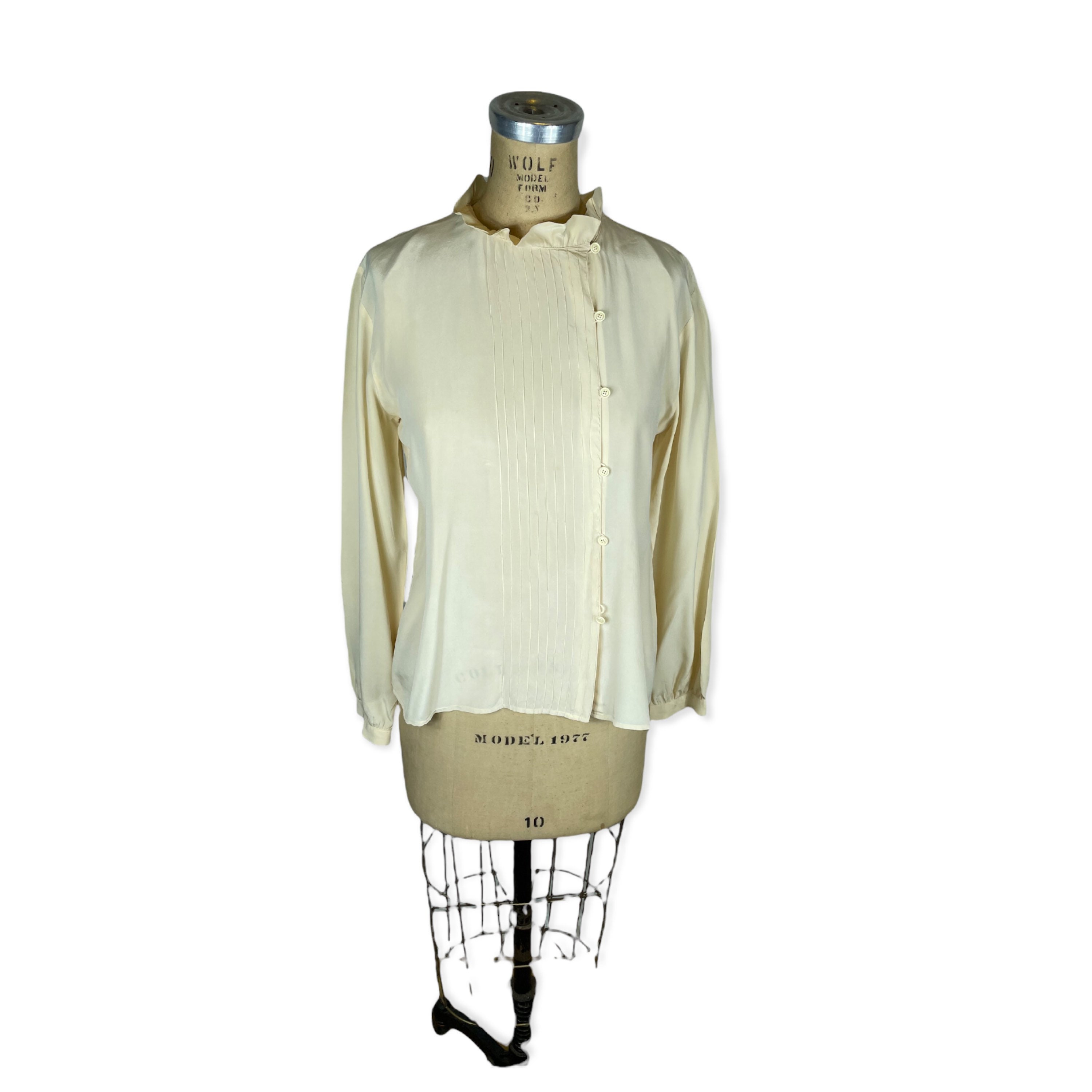 1980s ivory silk blouse with ruffled high neck and pintuck pleats Size M/L by The Silk Farm