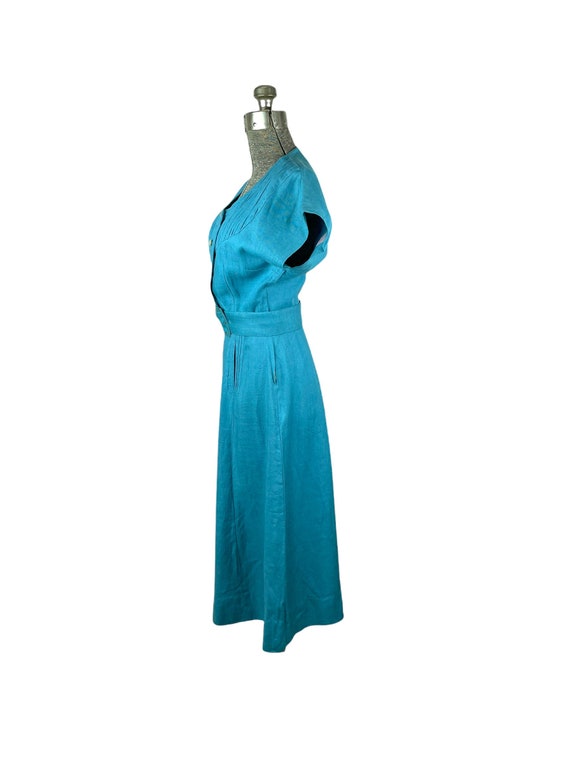Early 1950s teal linen dress with dolman sleeves … - image 2