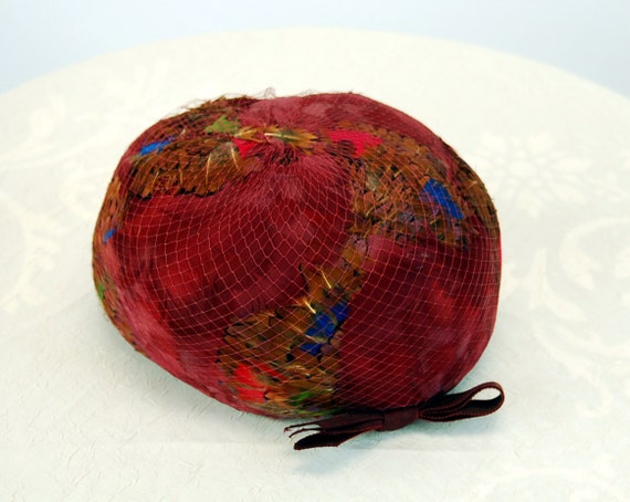 1960s pillbox hat feathers hat burgundy multi col… - image 4