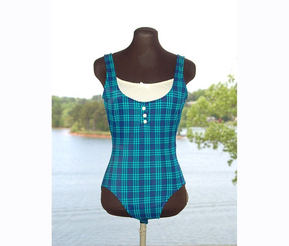 Vintage bathing suit, plaid bathing suit, blue gre