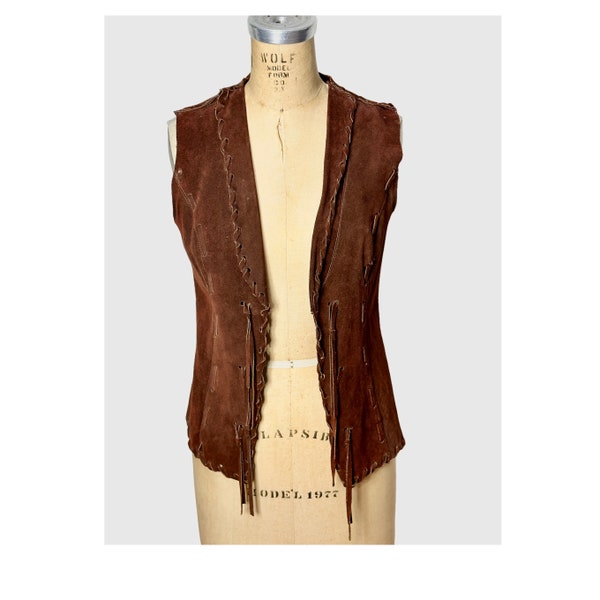 1960s 70s brown suede hippie vest with fringe Womens size S