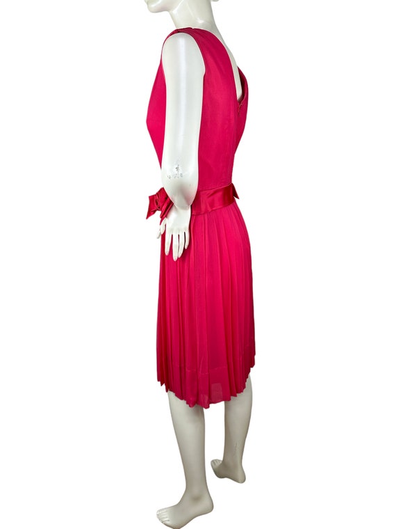 1960s silk dress with pleated skirt and satin ros… - image 3