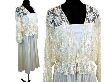 Lovely 1970s dress with lace jacket white ivory accordian pleats peplum jacket, Size M