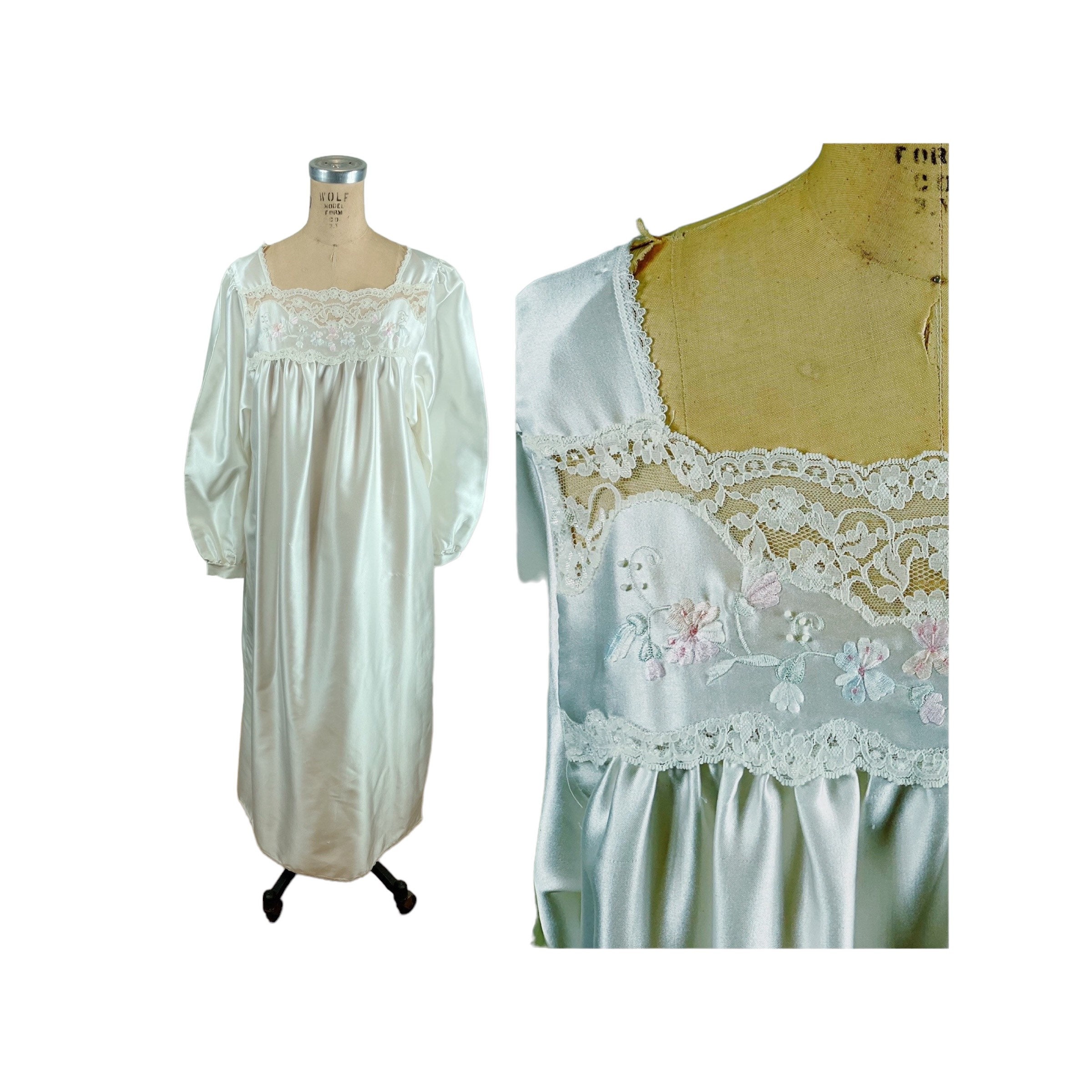 1980s Satin Nightgown With Flannel Lining and Embroidered Yoke