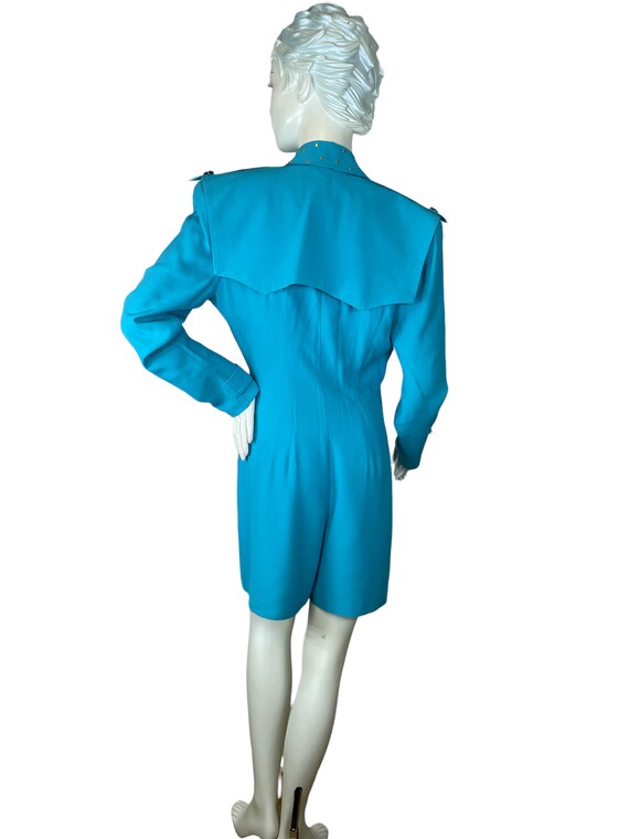 1980s turquoise skort dress with brass studs and … - image 6