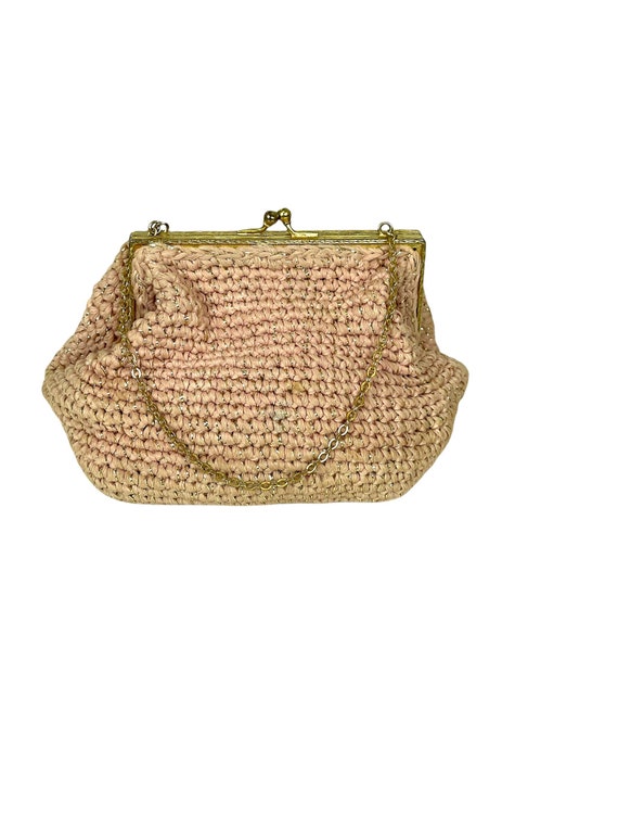 1950s pink and gold bag clutch woven straw raffia… - image 2