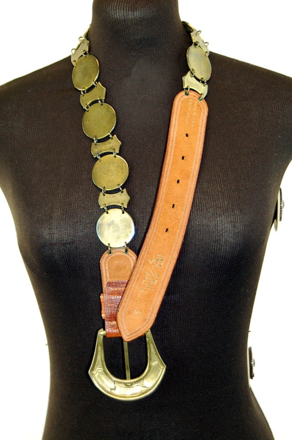 Boho belt brass and leather mother of pearl chain… - image 4