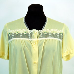 1960s pajamas yellow nylon sleepwear by Kayser with sheer chiffon bodice and embroidered rosebuds Size S image 2