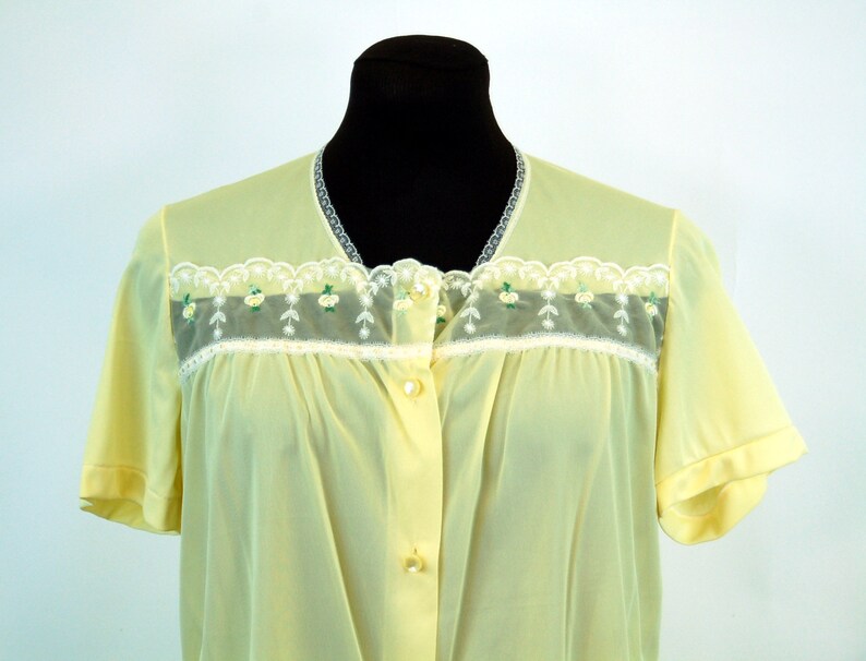 1960s pajamas yellow nylon sleepwear by Kayser with sheer chiffon bodice and embroidered rosebuds Size S image 2