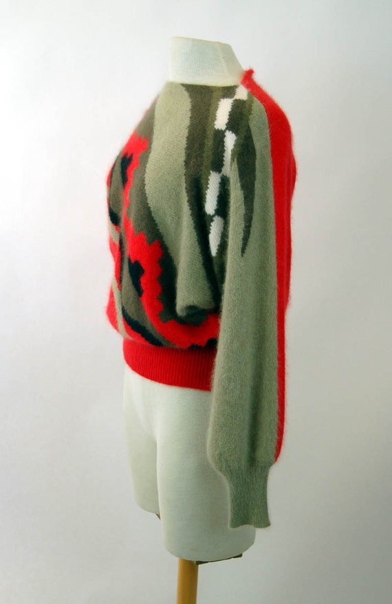 1980s angora sweater geometric tribal red gray bl… - image 5