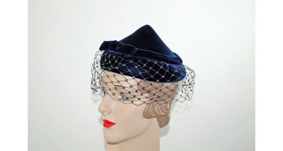 1940s blue velvet hat pixie hat peaked cone hat wi