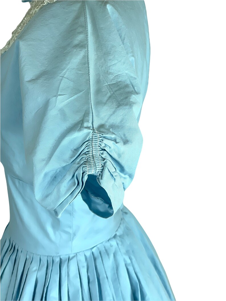 1950s 60s blue cotton pleated dress with lace bib bodice Size S image 6