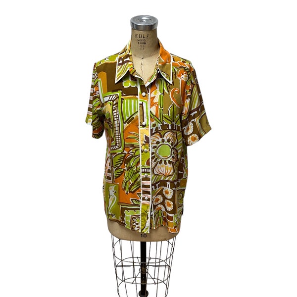 Vintage Bobo Mackie silk shirt with jungle tiki print Size S/M/L