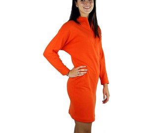 1980s knit dress batwing sleeves orange linebacker shoulders bodycon Size Medium