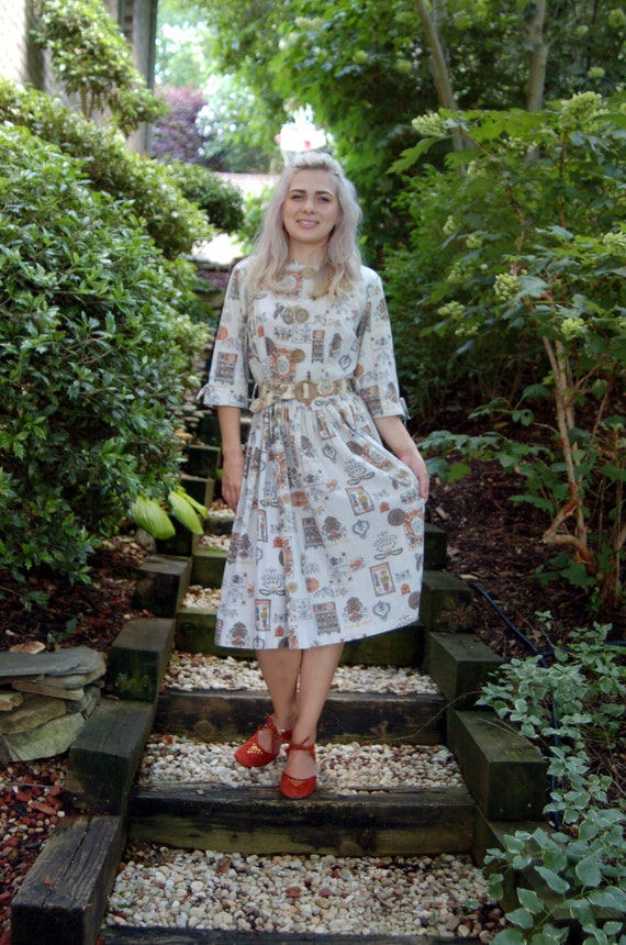 1950s 60s day dress cotton novelty shirtdress plea