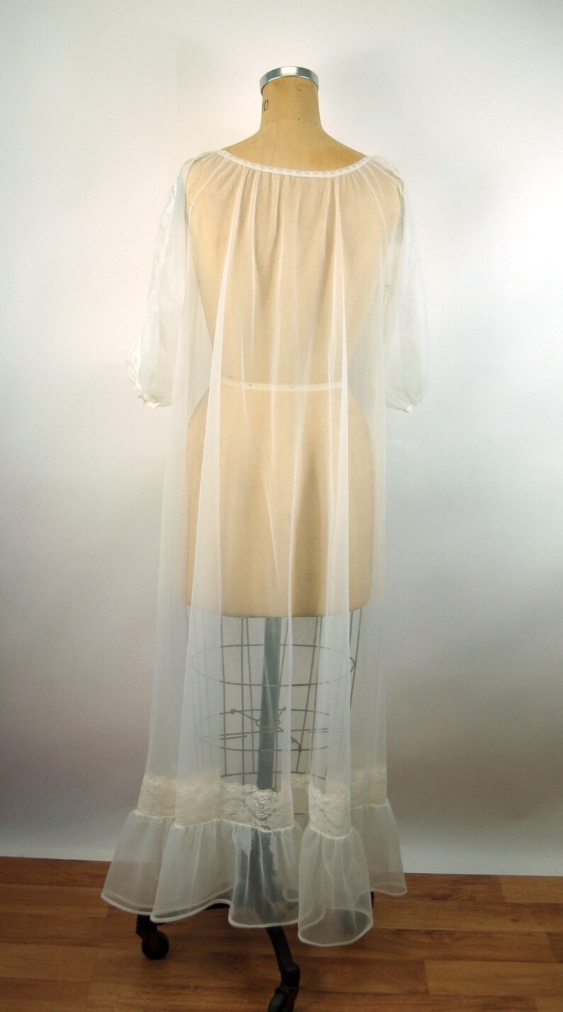 1950s 60s sheer robe white nylon chiffon with lace and puffed sleeves and ruffled hem fly away front Size S