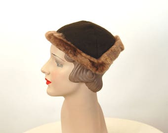 1940s cap fur lined hat knit hat brown headband hat expandable adjustable collapsible