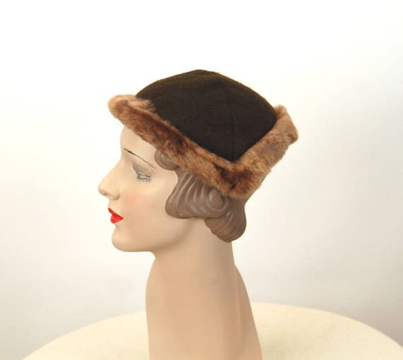 1940s cap fur lined hat knit hat brown headband h… - image 1