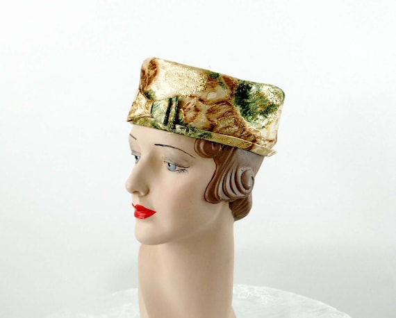 1960s pill box hat brocade gold green metallic ha… - image 2