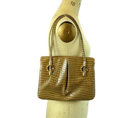 1960s purse faux snakeskin lizard skin tan with g… - image 3