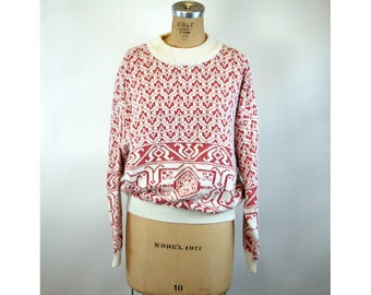 1980s sweater by Catalina red and white snowflake pattern acrylic slouchy Size M