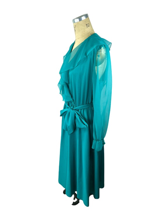 1970s teal dress sheer sleeves and ruffled collar… - image 2