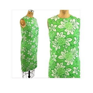 1960s shift dress green floral leaves polka dot Size M