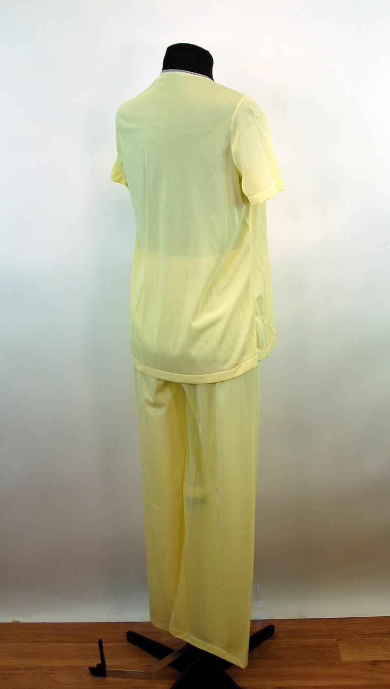 1960s pajamas yellow nylon sleepwear by Kayser with sheer chiffon bodice and embroidered rosebuds Size S image 4