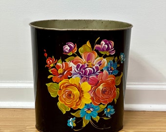 1950s floral painted metal wastebasket trash can by Harvell-Kilgore