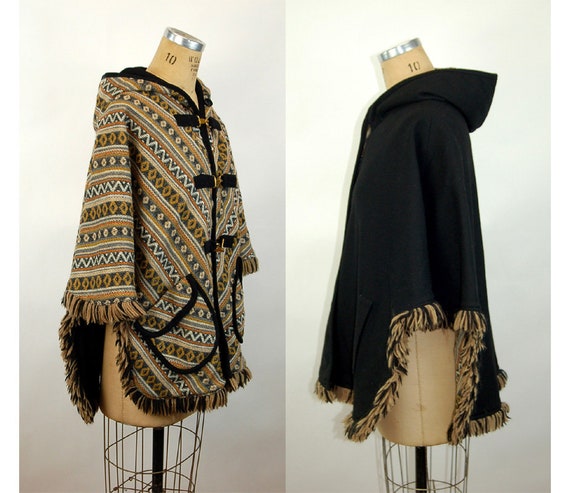 1960s cape reversible wool cape poncho with hood a