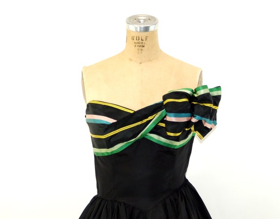1940s gown black silk strapless dress with chevro… - image 3
