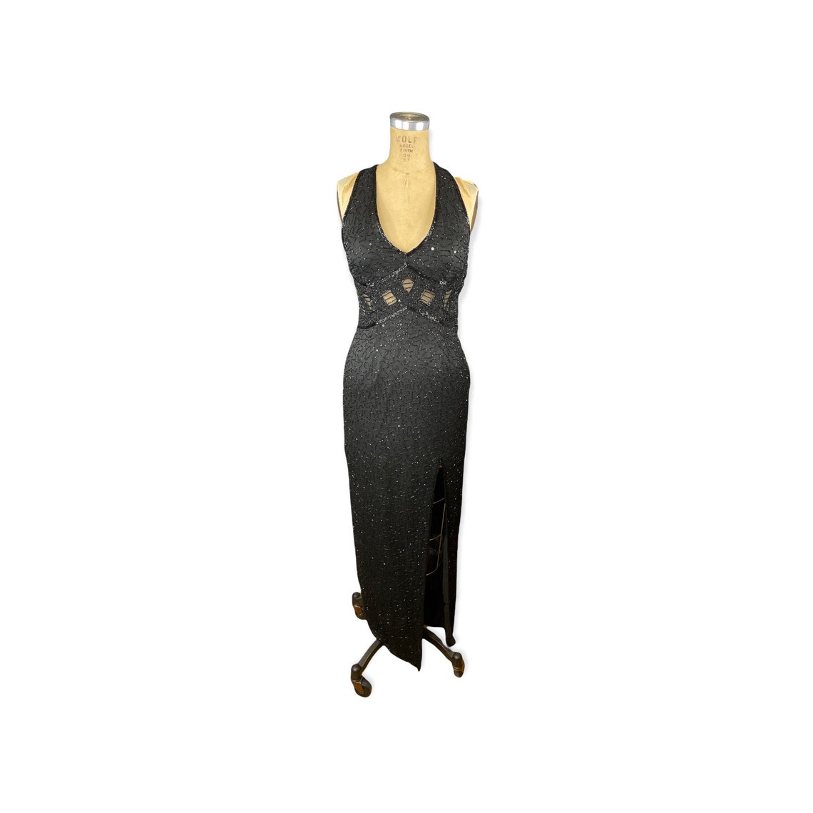 Black Beaded Halter Gown With Deep Slit at Hip and Criss Cross - Etsy