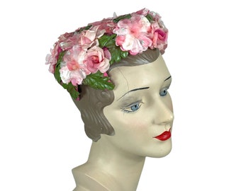 1950s pink roses flower hat adjustable size
