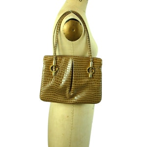 1960s purse faux snakeskin lizard skin tan with gold hardware swivel mirror Lou Taylor VEGAN waterproof bag image 2