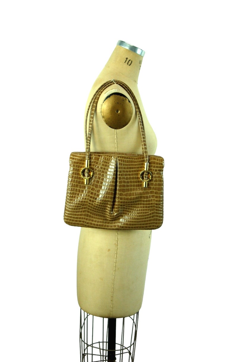 1960s purse faux snakeskin lizard skin tan with gold hardware swivel mirror Lou Taylor VEGAN waterproof bag image 2