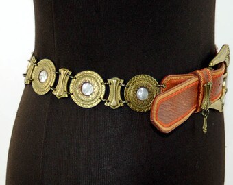 Boho belt brass and leather mother of pearl chain belt Linea Pelle Made in Italy  Size S/M