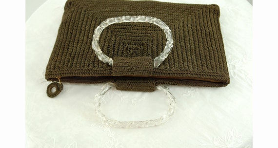 1940s cord purse brown handbag with clear carved l