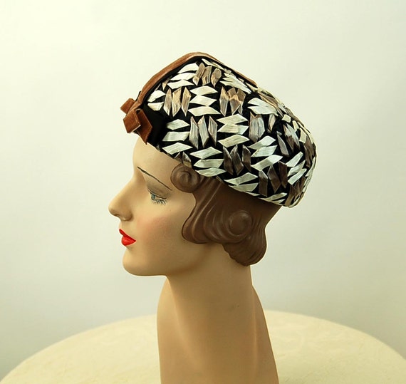 1960s hat pillbox hat raffia straw hat black whit… - image 3