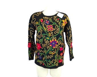 Wool sweater pullover jumper embroidered floral by Sigrid Olsen Size M