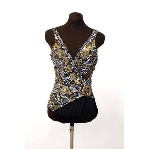 1980s swimsuit Catalina black gold metallic wrap one piece maillot bathing suit Size 10