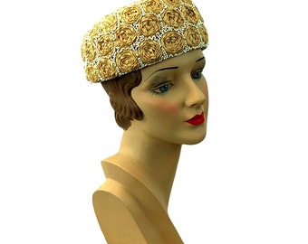 1960s hat ribbon roses hat beaded hat pillbox hat beige white neutral Styled by Coralie Size 21