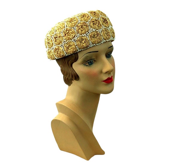 1960s hat ribbon roses hat beaded hat pillbox hat… - image 1