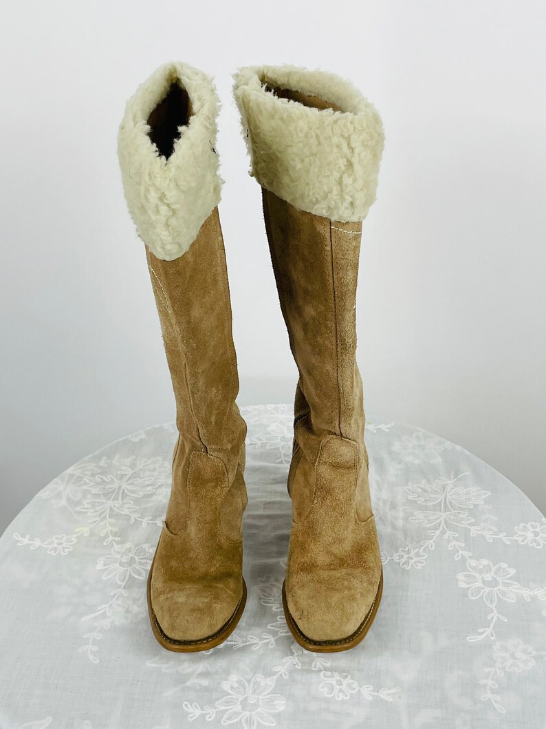 1970s Wrangler boots tan suede with shearling cuffs Size 8 image 3