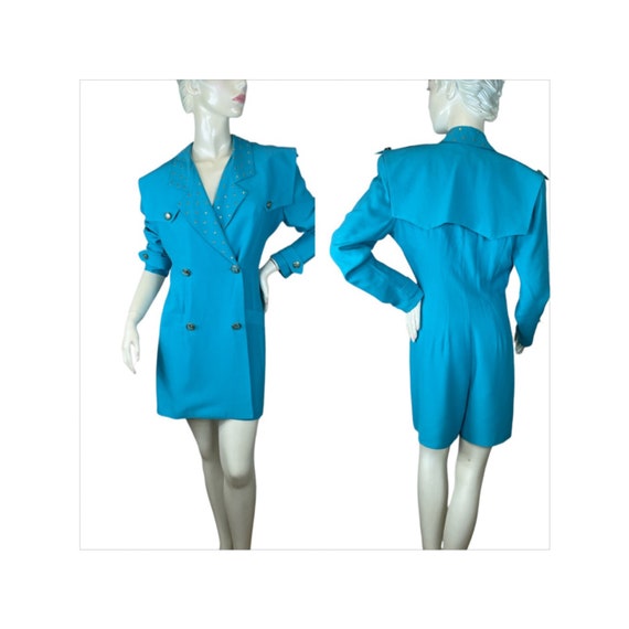 1980s turquoise skort dress with brass studs and … - image 1