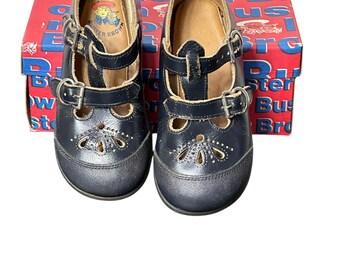 Vintage Buster Brown Girls T-strap Blue Leather Shoes Size