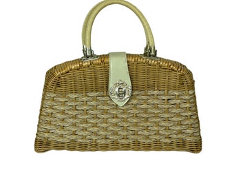 Large wicker handbag two tone with braided accent by La Fleur