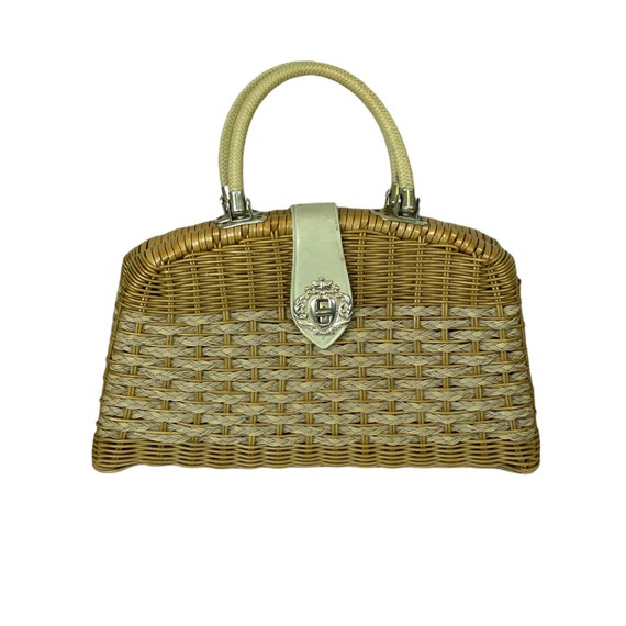 Large wicker handbag two tone with braided accent… - image 1