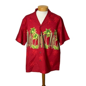 Vintage mens Hawaiian shirt red with surf boards by Hawaiian Reserve Collection Size XL