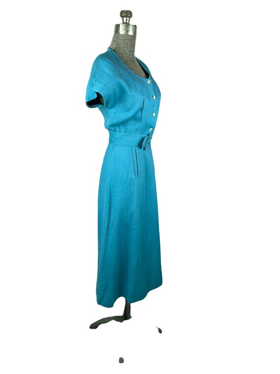 Early 1950s teal linen dress with dolman sleeves … - image 5