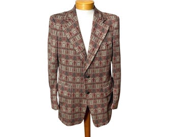 1970s mens sport coat red gray abstract plaid Size 42